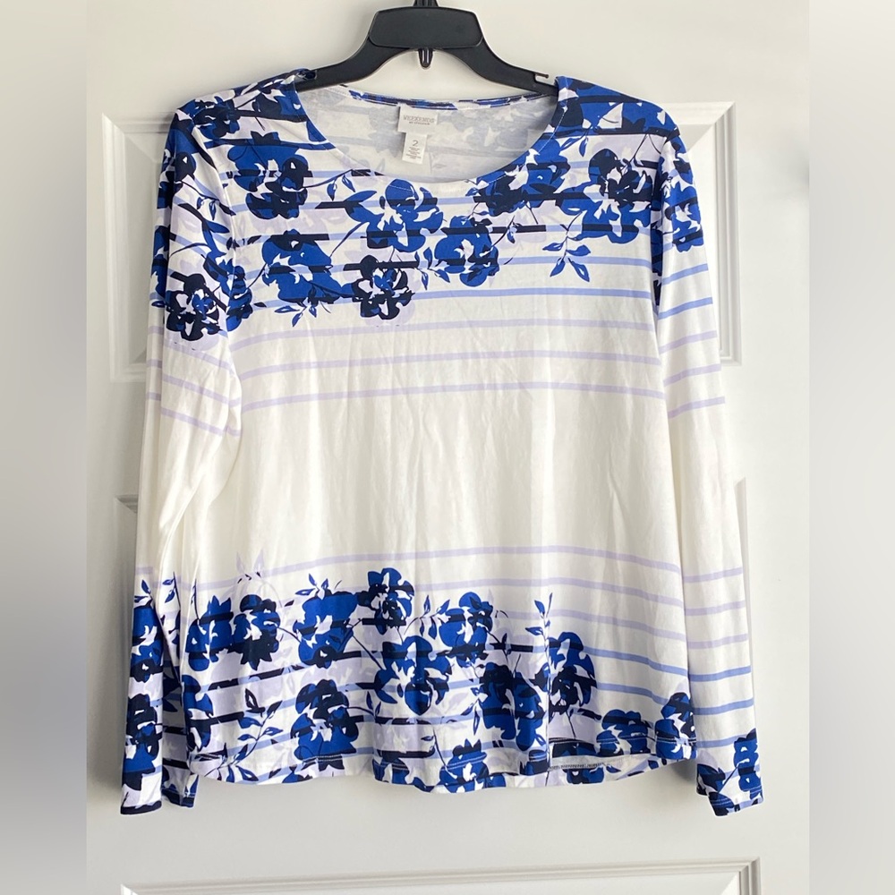 Chico's Blue Floral and Stripe Blouse size 2 12/14 NWOT